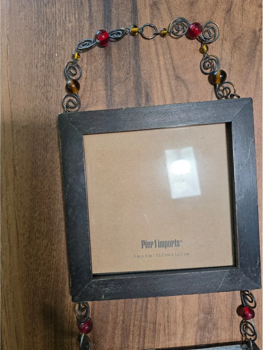 Vintage Pier 1 Imports Triple Hanging Frame Beaded Wire Wood Photo Collage